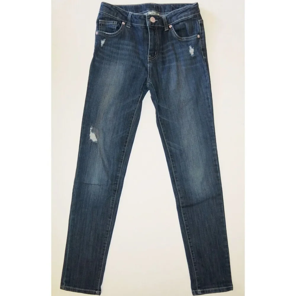 Cherokee girls jeans XL 14 dark stretch denim pants distressed straight leg mid